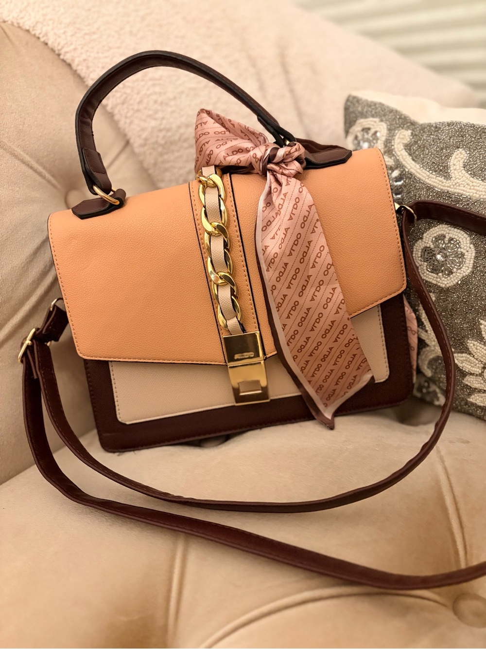 Structured Colorblock Leather Satchel - Peach, Beige & Brown